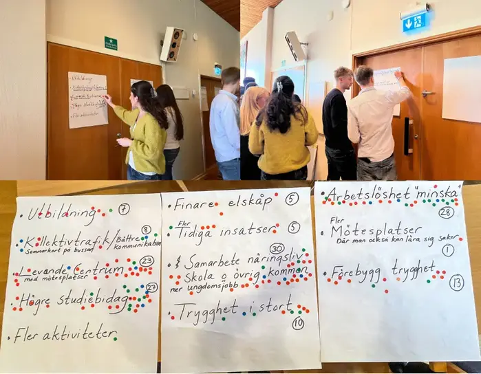Ungdomar sätter prickar på papper med frågor som är viktiga för unga inför valet 2026.